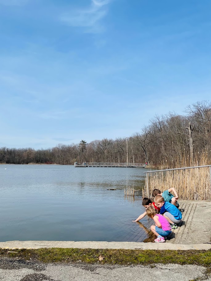 four homeschool children at a pond