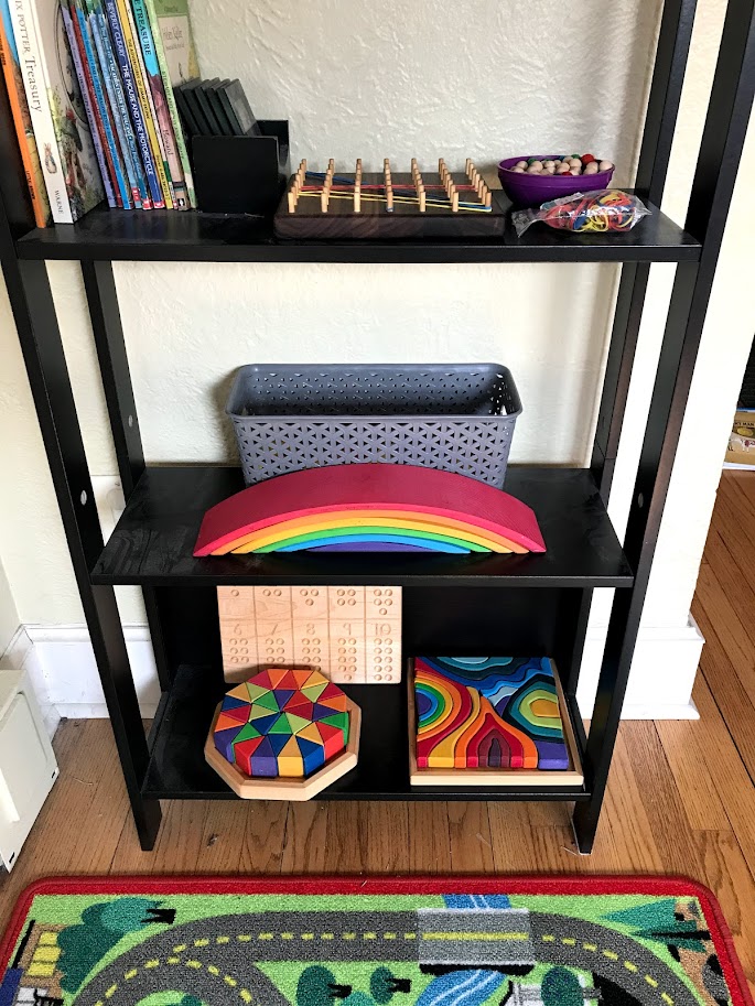 bookshelf with educational homeschool materials