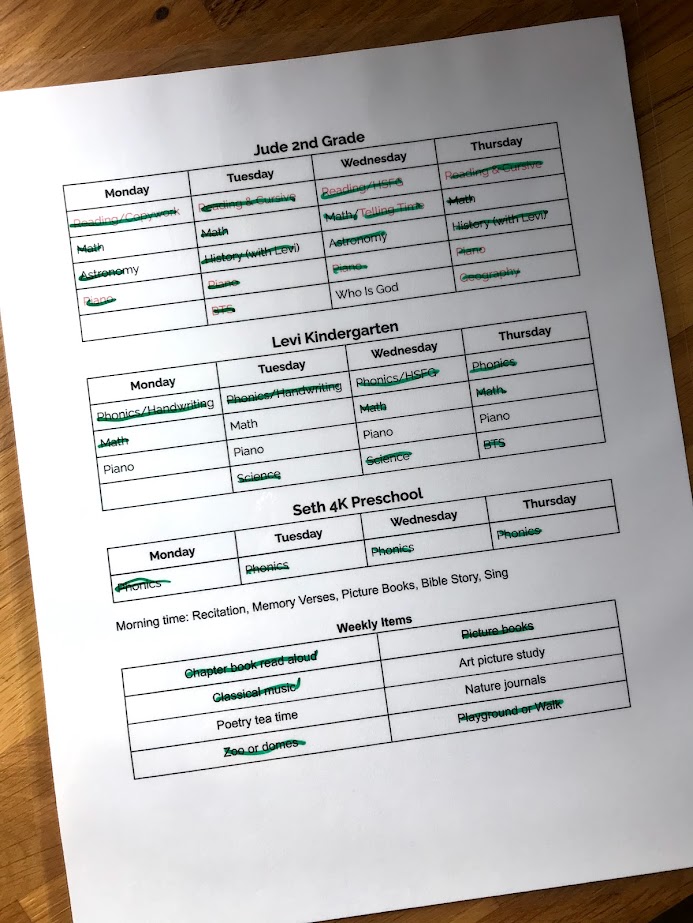 homeschool schedule for second grade, kindergarten, and preschool