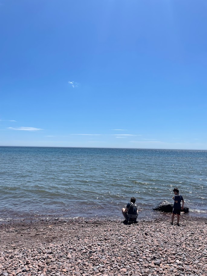 boy and dad near lake superior