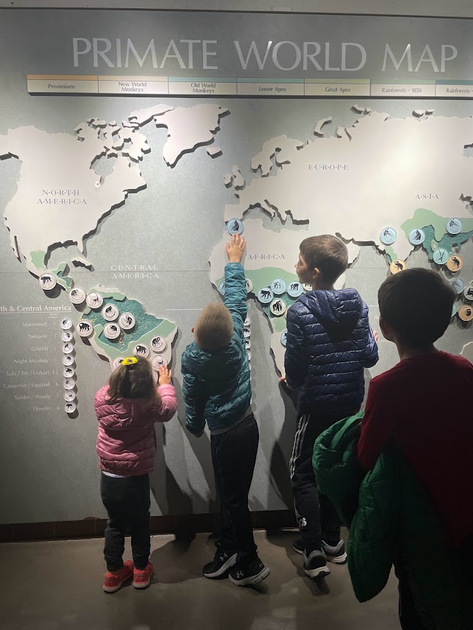 four homeschool kids learning geography with a wall map