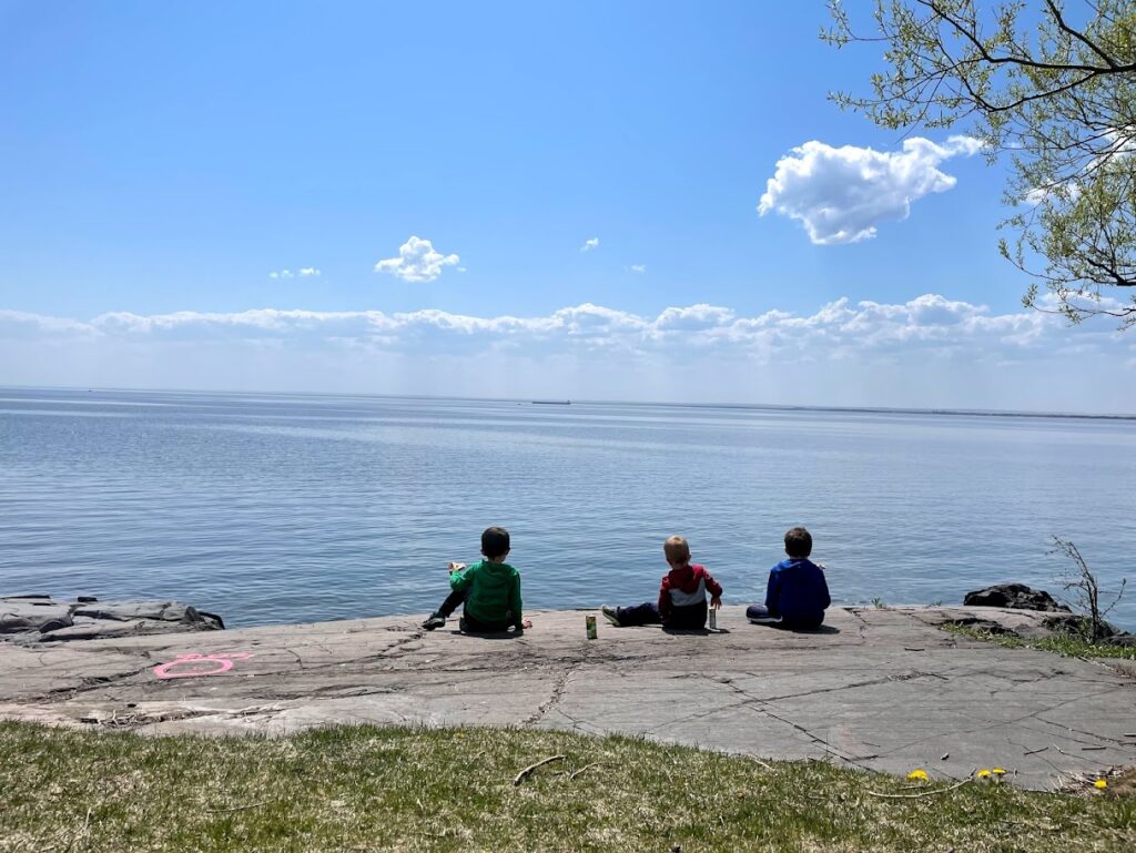 three homeschool boys overlooking lake superior