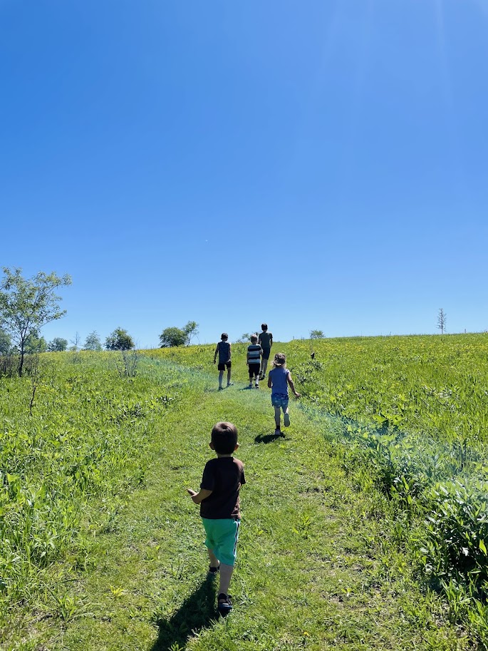 five homeschool children running up a hill