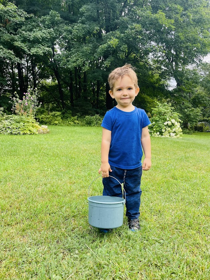 homeschool toddler boy standing in the grass holding a bucket