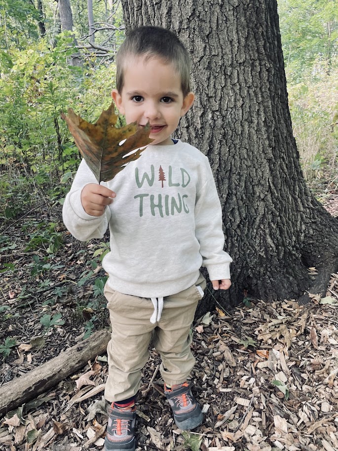 homeschool toddler boy holding a leaf in the woods