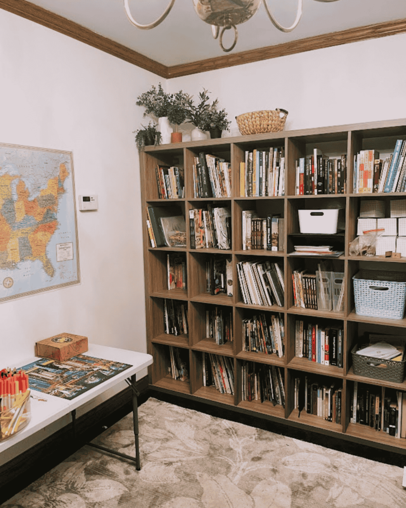 our homeschool room, with ikea bookshelves; simple homeschool setup and organization