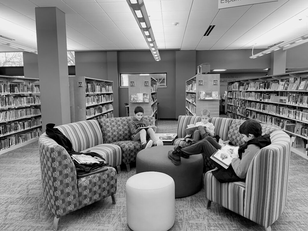 three homeschool boys at the library reading books
