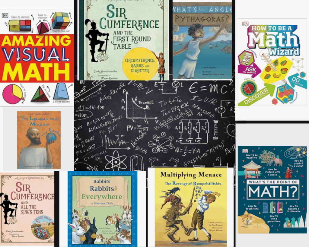 a collage showing various math picture books to use for homeschooling