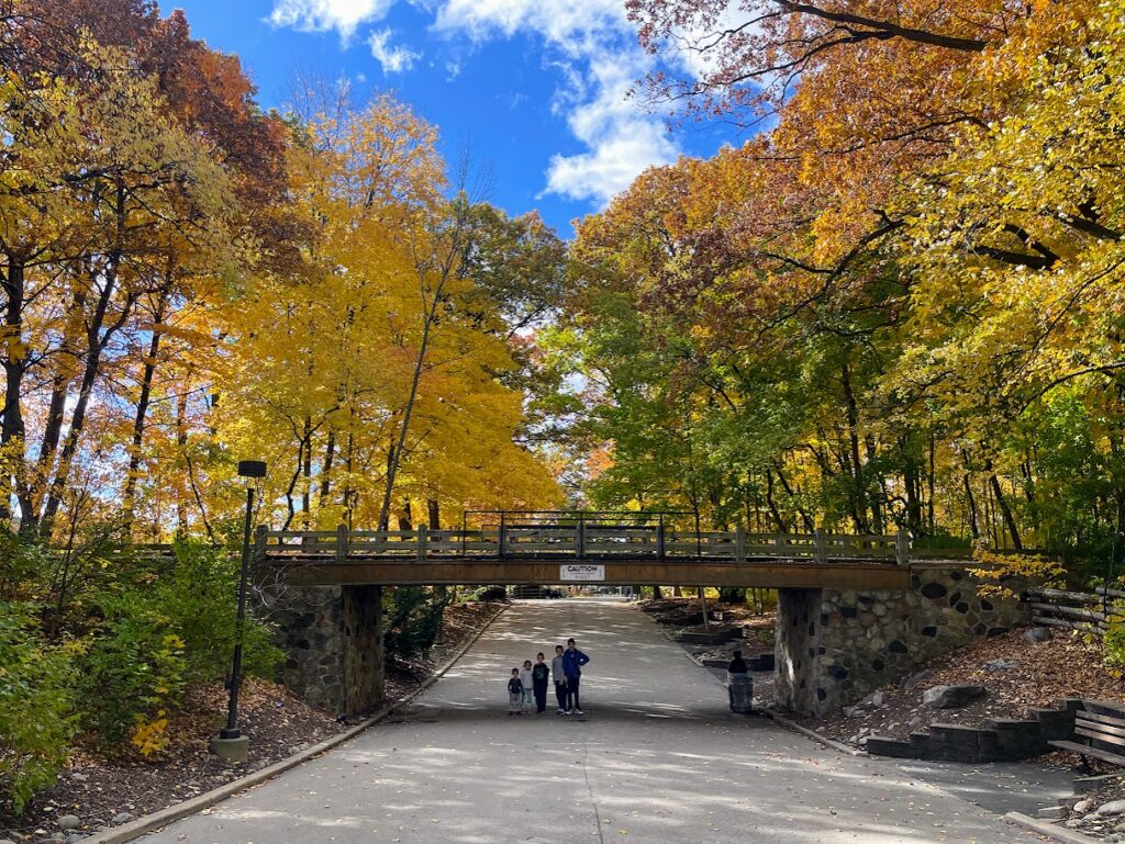 five homeschool kids standing outside under a bridge surrounded by large trees with autumn leaves